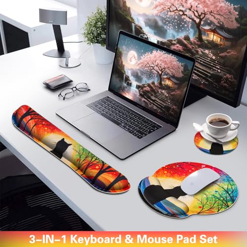 3-in-1 Mouse Pad with Wrist Rest Cute Black Cat Set | Wrist Support Mouse Pad Set,Gaming Mousepad with Anti-Skid Base,Ergonomic Mouse Pad,Memory Foam Keyboard Gel Wrist Rest Anime - color: Lonely Cat