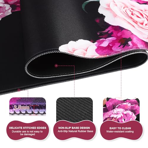 iLeadon Mouse Pad Set, Peony Flower Desk Mat for Keyboard and Mouse | Mouse Pad and Keyboard wrist rest,Coaster, Desk Mat Set with Stitched Edge & Non-Slip Base, Desk Pad Mat for Work Gaming - color: Peony Flower