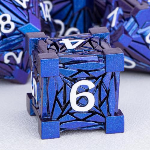 7PCS Metal DND Dice Set with Box, Debris RPG Blue White D and D Dice for D&D Tabletop Games Role Playing Game Polyhedral Dice Set D20 D12 D10 D8 D6 D4 - color: Blue White