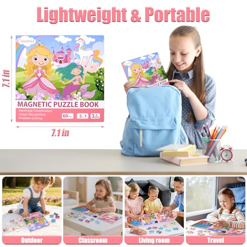 Magnetic Puzzles for Kids Ages 3-5, Princess Unicorn Mermaid | 3-in-1 Travel Puzzles for Kids Ages 4-6, Car Airplane Road Trip Activities Toys for 3 4 5 6 Year Old Girls