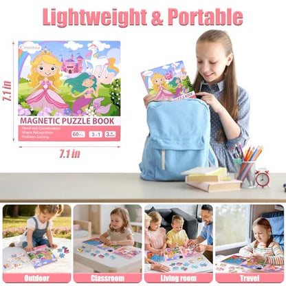 Magnetic Puzzles for Kids Ages 3-5, Princess Unicorn Mermaid | 3-in-1 Travel Puzzles for Kids Ages 4-6, Car Airplane Road Trip Activities Toys for 3 4 5 6 Year Old Girls