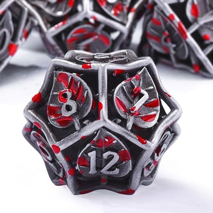 AUSTOR Metal DND Dice Set 7 Pieces Leaf DND Dice Hollow Polyhedral Dice D20 D12 D10 D% D8 D6 D4 Metal Dice with Metal Box for Dungeons & Dragons RPG Board Games (Tin & Blood) - color: Antique Tin & Blood Spattered
