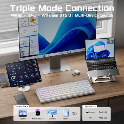 Aula F99 Wireless Mechanical Keyboard, BT5.0/2.4GHz/USB-C, Gasket Mounted Creamy Linear Switches Pre-lubed, Side Printed PBT Keycaps, RGB Backlit Hot Swappable Gaming Keyboard for Win/Mac - color: White