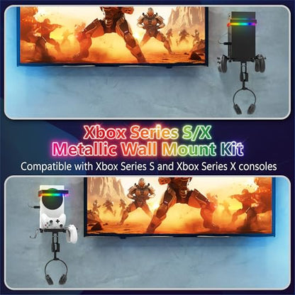 Fosmon Wall Mount for Xbox Series X/S Gaming Console Shelf Kit Stand | Mounted Storage Rack with RGB Ambient Light, Detachable Dual Controller Holder Stand, and Headphone Hanger Accessory Setup