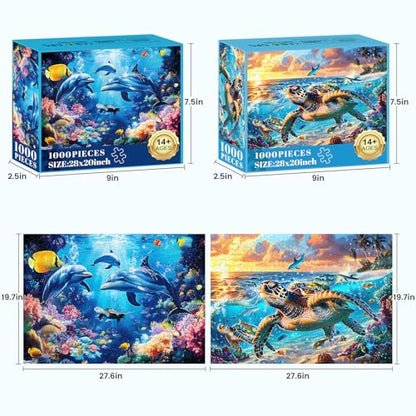 2 Pack Puzzles for Adults 1000 Pieces-Sea Turtle & Dolphins Difficult Jigsaw Puzzles for Adults,Hard Jigsaw Puzzle Decorations DIY Leisure Game Toy Suitable Family Friends(27.5x20 inches) - style: Sea Turtle & Dolphins