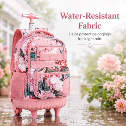 3Pcs Rolling Backpack for Girls Women, Travel Roller Backpacks with Wheels for Adults, Teens College Folwer Wheeled Bookbag with Lunch Box(Pink) - color: Flower Pink