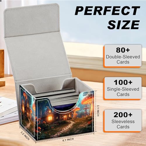 DEGDFSGR Card Game Storage Box for TCG MTG Commander Deck Box Organizer Trading Card Case Magnetic Closure Creative Pattern Up to 200 Cards, A Magical Mushroom Village - color: A Magical Mushroom Village