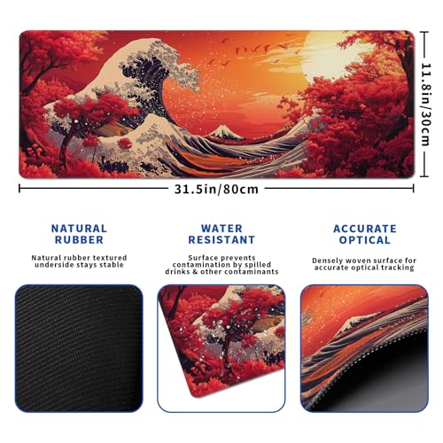 Red Japanese Sea Wave Mouse Pad Abstract Red Mouse Pad 31.5x11.8 Inch Texture Non-Slip Rubber Base Large Mousepad Stitched Edges Keyboard Mouse Mat Desk Pad for Office and Home - color: Red Japanese Sea Wave