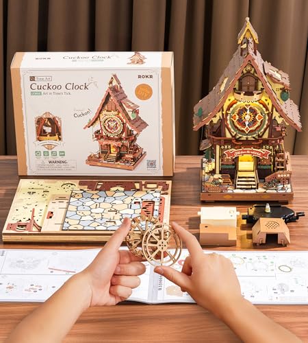 ROKR Cuckoo Clock 3D Wooden Puzzle with LED Light & Hourly Chime for Adults | DIY Wooden Clock Model Building Set, Unique Gift for Women Men