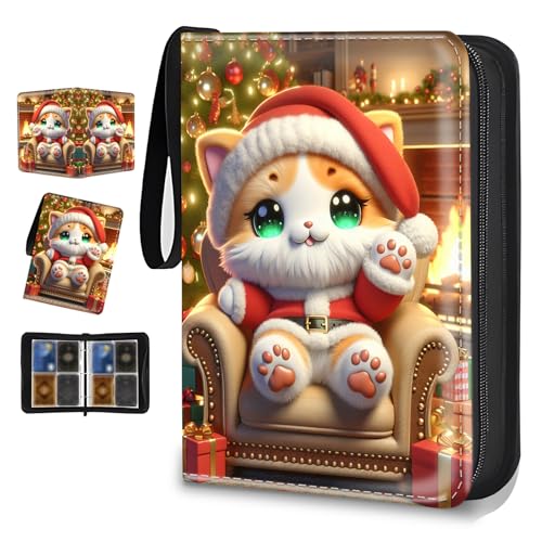 4 Pocket Trading Card Binder, Holds 400 Cards, PU Zipper Binder | PU leather cover, holds 400 cards, 50 removable pages, zipper closure, portable storage and protection. - color: Christmas cats