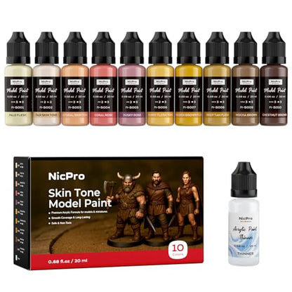 Nicpro 10 Colors Face & Skin Tones Model Paint Set, 20ml Ready to Use Modeling Acrylic Paints, Brush & Airbrush, Miniature Paint Set for Beginners & Artists on Models, Figures, Busts, with 1 Thinner - style: Face & Skin Tones