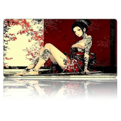 Japanese Tattooed Woman MTG Playmat, Card Game Play Mat with Stitched Edges, Smooth Surface Board Game Trading Card Mat, Non-Slip Rubber Base Large Gaming Mouse Pad 24 x 14 Inch - color: Japanese Tattooed Woman