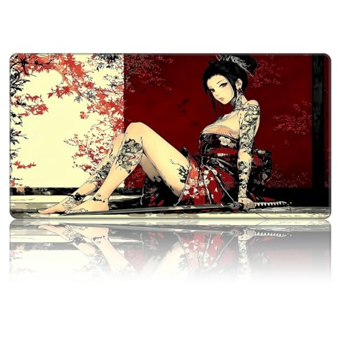 Japanese Tattooed Woman MTG Playmat, Card Game Play Mat with Stitched Edges, Smooth Surface Board Game Trading Card Mat, Non-Slip Rubber Base Large Gaming Mouse Pad 24 x 14 Inch - color: Japanese Tattooed Woman