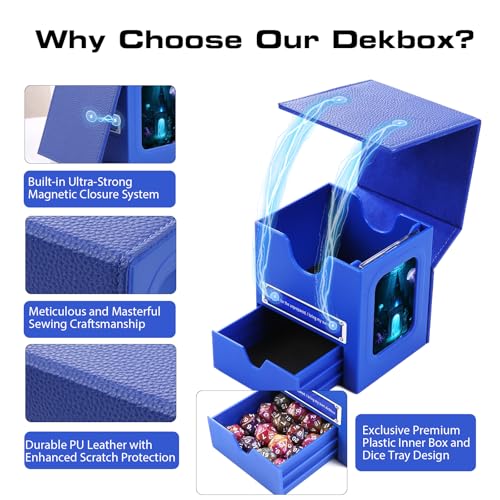 Patented MTG Commander DekBox, 100+ Double Sleeved Card Storage Box with Dice Tray, 35pt Card Holder & 2 Dividers - Magnetic Deck Case for TCG/CCG/Magic/Sports Cards, Blue - color: BLUE