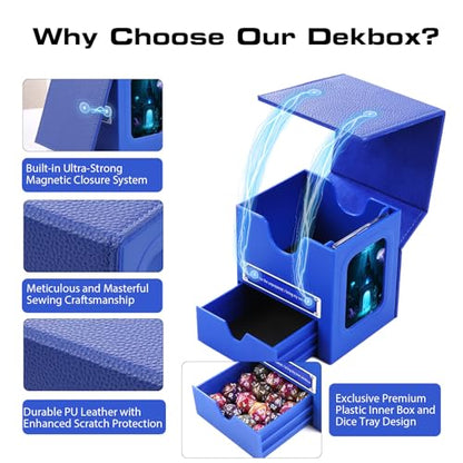 Patented MTG Commander DekBox, 100+ Double Sleeved Card Storage Box with Dice Tray, 35pt Card Holder & 2 Dividers - Magnetic Deck Case for TCG/CCG/Magic/Sports Cards, Blue - color: BLUE