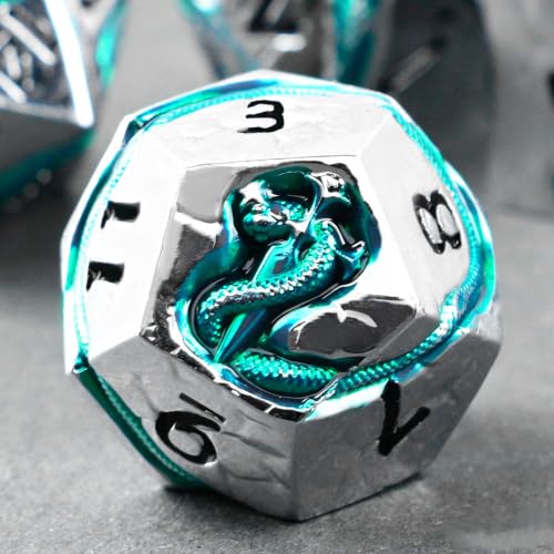 Metal DND Dice Set for Dungeons and Dragons, Serpent Engraved Polyhedral RPG Dice, Heavy Weighted D&D Dice with Gift Case for Pathfinder MTG Role Playing Games - color: Silver Black