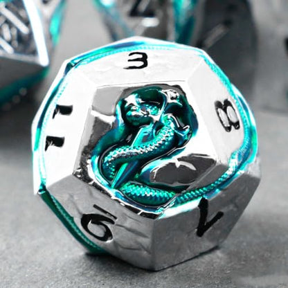 Metal DND Dice Set for Dungeons and Dragons, Serpent Engraved Polyhedral RPG Dice, Heavy Weighted D&D Dice with Gift Case for Pathfinder MTG Role Playing Games - color: Silver Black