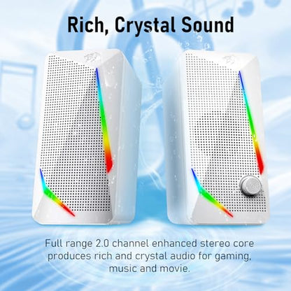 Redragon GS510 RGB Desktop Speakers, 2.0 Channel PC Computer Speaker with 4 Colorful LED Backlight Modes, Enhanced Bass and Easy-Access Volume Control, USB Powered w/ 3.5mm Cable, White - color: White