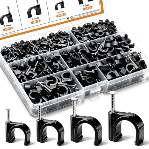 mankk 200PCS Cable Clips Nail in Cable Clips Black Wire Clips 4/6/8/10mm Round Ethernet Cables Wall Clips for Cords RG6 RG59 CAT5 CAT6 RJ45 - color: Black-200PCS