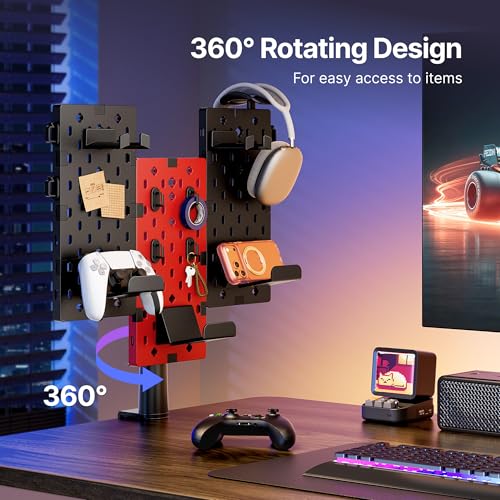 PEGZONE Modular Headphone and Controller Holder for Game, Clamp-on Pegboard, Rotatable Controller Stand with Cable Hooks, Gaming Accessory for Xbox PS5 PS4 Nintendo Switch, 3Pcs Pegboard, Red | Modular Desk Controller Stand with Cable Hooks - color: Red,