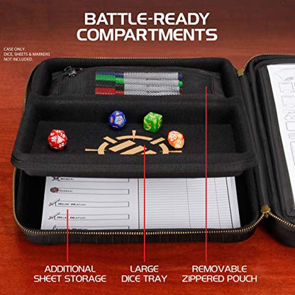 ENHANCE RPG Organizer Case - DnD Binder with Built-in Character Sheet Holder and Erasable Scribe Panel, Dice Rolling Area, Removable Pen Pouch, Miniature Foam Tray, Wrist Strap - color: Black