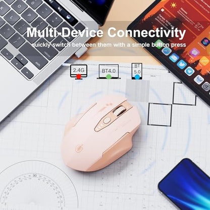 Uineer Bluetooth Mouse, Tri-Mode Wireless, Rechargeable, 3-Device Switch | Dual Bluetooth plus 2.4G connectivity, 3-device switching and a visible rechargeable battery level. - color: pink