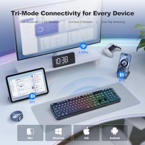 MOFII Clear Curved Ergonomic Wireless Keyboard, Tri-Mode BT5.0/2.4G/USB-C | RGB Backlit, Rechargeable, Full-Size Computer Keyboards for Laptop/PC/Desktop/iPad/Smartphone/Smart TV, Black - color: Black