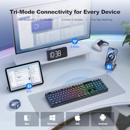 MOFII Clear Curved Ergonomic Wireless Keyboard, Tri-Mode BT5.0/2.4G/USB-C | RGB Backlit, Rechargeable, Full-Size Computer Keyboards for Laptop/PC/Desktop/iPad/Smartphone/Smart TV, Black - color: Black