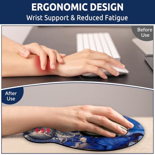 KONVINIT Ergonomic Mouse Pad with Wrist Rest, Small Mousepad with Non-Slip Rubber Base and Smooth Surface, Dark Blue Mouse Pads for Desk, Office Desk Accessories - color: Blue Marble