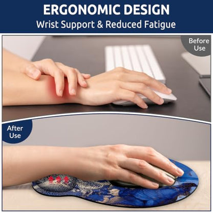 KONVINIT Ergonomic Mouse Pad with Wrist Rest, Small Mousepad with Non-Slip Rubber Base and Smooth Surface, Dark Blue Mouse Pads for Desk, Office Desk Accessories - color: Blue Marble