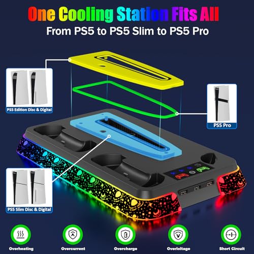 PS5 Cooling Station for PlayStation 5 Console, PS5 Stand & Charging Station with RGB, PS5/Slim/Pro Controller Charger Incl. 3 Level Fan,Headset, PS5/Slim/Pro Accessories with 3 USB Ports - color: Star-black