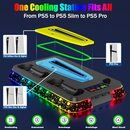 PS5 Cooling Station for PlayStation 5 Console, PS5 Stand & Charging Station with RGB, PS5/Slim/Pro Controller Charger Incl. 3 Level Fan,Headset, PS5/Slim/Pro Accessories with 3 USB Ports - color: Star-black