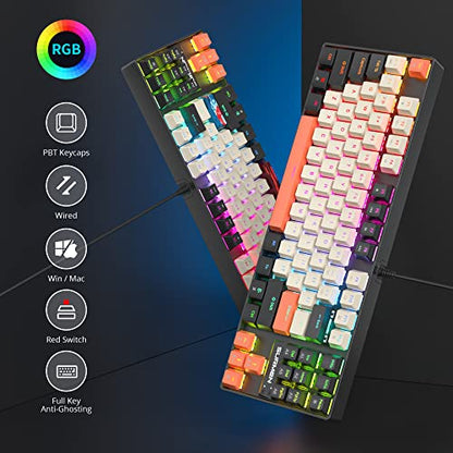 Fogruaden RGB Wired 75% Percent Mechanical Keyboard with Red Switch TKL Mechanical Keyboard 75 Percent, 87 Keys NKRO Compact Gaming Keyboard 75% for Win/Mac Laptop PC Gamer (Carbon/87) - color: Red Switch/87Carbon