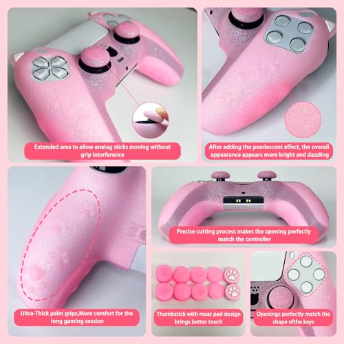 Pink Cat Glitter Anti-Slip Protective Silicone Cover Skin Grips Compatible with PS5/Slim/Pro Controller,8 PCS Glitter Thumb Grips Caps and 2 Paw Grips Caps. (Cat Pink) - color: Cat Pink