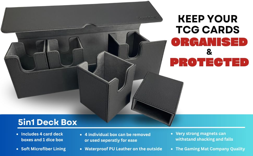 5 in 1 Trading Card Deck Box with 4 Card Holders and Dice Tray PU Leather Strong Magnetic Closure Storage Case Fits 800+ Unsleeved Cards for MTG YuGiOh Pokemon and Sports Cards