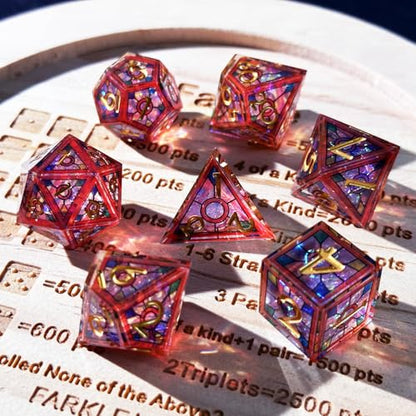 HAOMEJA Double Layered Resin Dice Set 7pcs/ Stained Glass Effect & Gold Numbers/Sharp Edged Polyhedral Dice/Apply to D&D/DND/Role Playing Game/RPG/Party Gift (Red Sky) - color: 1 Red Sky