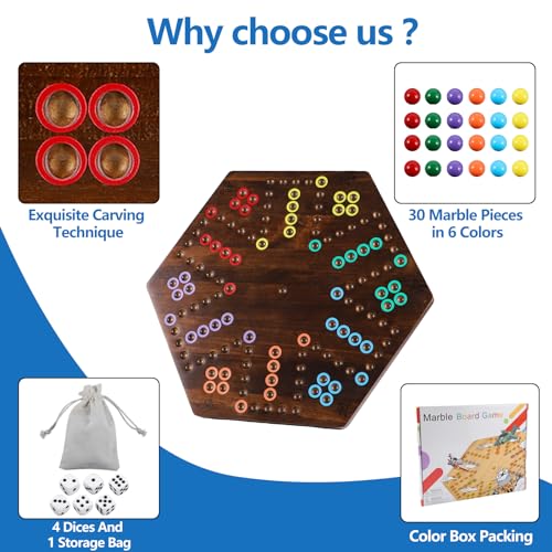 20 inches Wood Wahoo Board Game 2 Sided 4-6 Player(Large,Brown) | solid wooden wahoo marble board game with marbles and dice; fit party game night and indoor group entertainment - color: Large, Rustic Brown