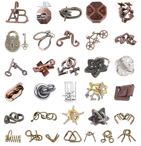 AHYUAN 32Pcs Metal Brain Teaser Puzzles 3D Cast Steel Teasers Puzzle for Kids Teens Magic Puzzles Games Toys IQ Education Smart Logic Test Toy Fidget Toys Party Favors for Kids Adults Challenge