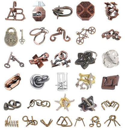 AHYUAN 32Pcs Metal Brain Teaser Puzzles 3D Cast Steel Teasers Puzzle for Kids Teens Magic Puzzles Games Toys IQ Education Smart Logic Test Toy Fidget Toys Party Favors for Kids Adults Challenge