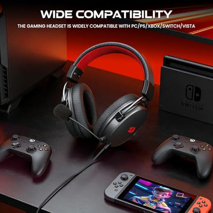 Redragon H541 Wired Gaming Headset with Mic, 53mm Drivers RGB Light Gaming Headphones, 3D Stereo Sound, Soft Memory Earmuffs & Artificial Leather Design for PC, PS4/5, Switch, Xbox. Black