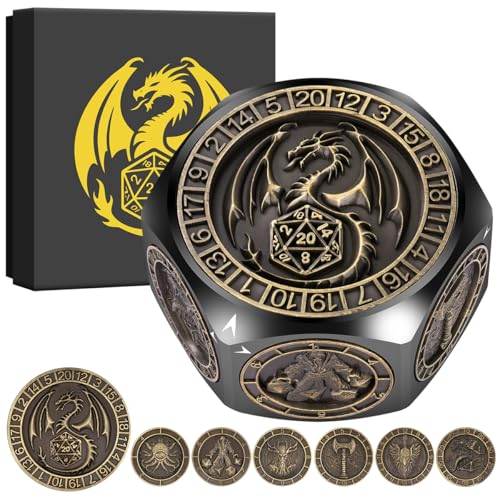DND Spinner Dice 8-in-1 Metal Dice Set, D&D Polyhedral Game Dice | 3D Hexagon Relief Design, D&D Spinner Dice, DND Gifts, MTG, Role Playing Board Game Accessories, with Gift Box, Black - color: Black