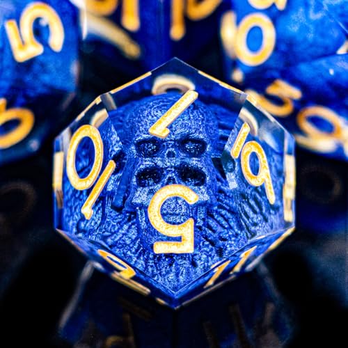 DND Skull Dice Set 7PCS Necromancer Polyhedral Dice for Dungeons Dragons RPG Role Playing Game, Resin Sharp Edged D and D Dice with Gift Box D6 D8 D10 D12 D20 (Golden Blue) - color: Blue&gold