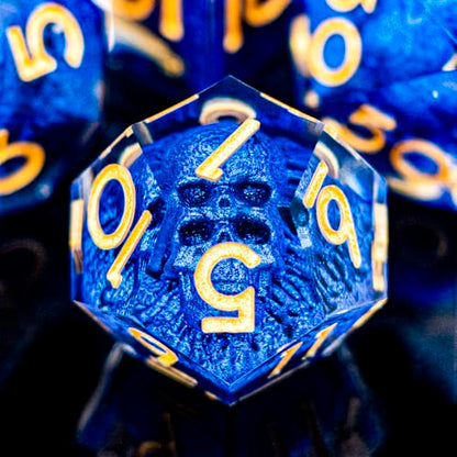 DND Skull Dice Set 7PCS Necromancer Polyhedral Dice for Dungeons Dragons RPG Role Playing Game, Resin Sharp Edged D and D Dice with Gift Box D6 D8 D10 D12 D20 (Golden Blue) - color: Blue&gold