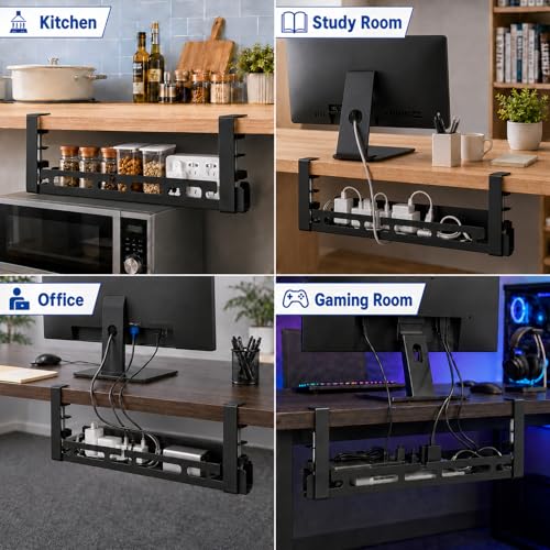 Under Desk Cable Management Tray, 15.75" No Drill Clamp-On Metal Cable Tray for Power Strip, Compact Under Desk Cord Organizer and Wire Management Holder for Office, Gaming Desk, Standing Desk