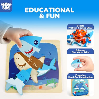 TOY Life Toddler Puzzles Ages 2-4, Wooden Puzzles for Toddlers 1-3, 7 Pcs Sea Animals Puzzle 2 Year Old, Montessori Toddler Boys Girls Toys 2-3, Educational Gift Learning Toys for 2 Year Old - style: Sea Animals