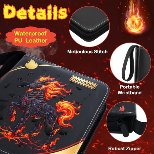 Trading Card Binder 4 Pocket,50 Removable Sleeves Can Hold 400 Cards,Pu Material and Waterproof,3-Ring Zip Design for MTG/TCG/Sport Collectible Trading Card Albums (Flame Dragon Phoenix)