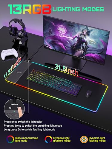 TopMade Mouse Pad with Wireless Charging, 31.5" x 11.81" Large Desk Mat RGB Gaming Mousepad, LED Desk Pad Keyboard Pad, Waterproof Desk Pad (Includes 20W PD Power Adapter & 6.56ft Woven Cable) - color: RGB Black-31.5"x11.8"-with Adapter