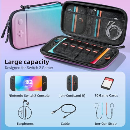 Switch 2 Carry Case Compatible with Nintendo Switch 2 Console,Large Capacity Switch 2 Case, Portable Hard NS 2 Travel Bag for Console & Accessories, 10 Game Card Slots (Pink Blue Gradient) - color: Pink Blue Gradient