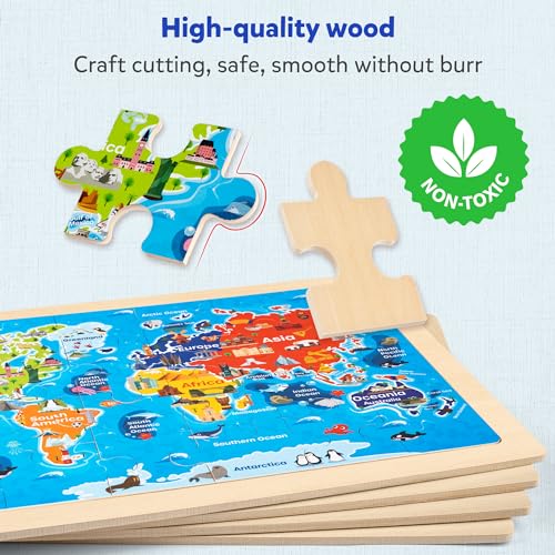 SYNARRY Large US World Earth Solar System Wooden Puzzles for Kids Gift Box(12.2 * 9.4 in), Puzzles for Toddlers 3-5, Wood Puzzles for Kids Ages 4-6, Easter Basket Stuffers Gifts for Kids - style: US World Earth Solar System