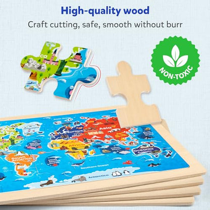 SYNARRY Large US World Earth Solar System Wooden Puzzles for Kids Gift Box(12.2 * 9.4 in), Puzzles for Toddlers 3-5, Wood Puzzles for Kids Ages 4-6, Easter Basket Stuffers Gifts for Kids - style: US World Earth Solar System